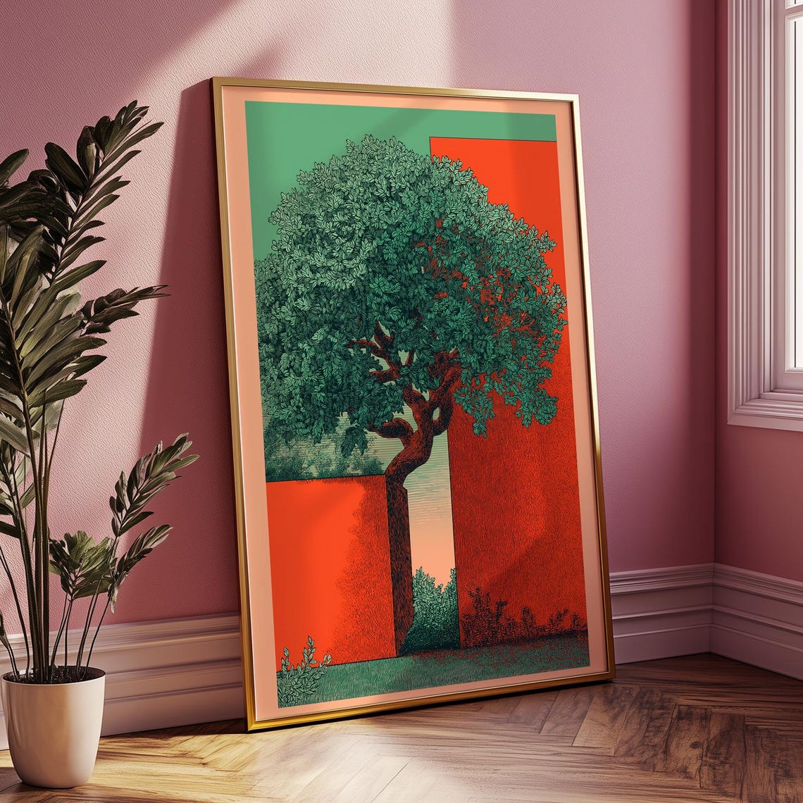 Green Tree Red Abstract Bold Contemporary Asian Nature Art Poster