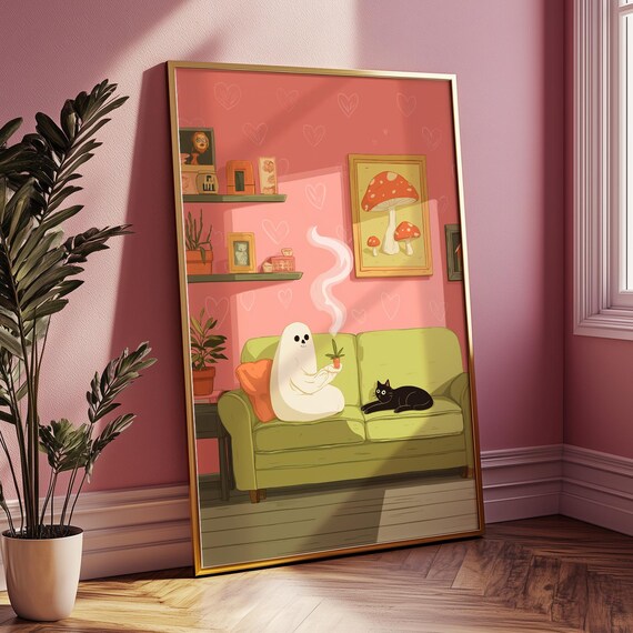 Cozy Ghost And Black Cat Spooky Cute Couch Illustration Art Poster