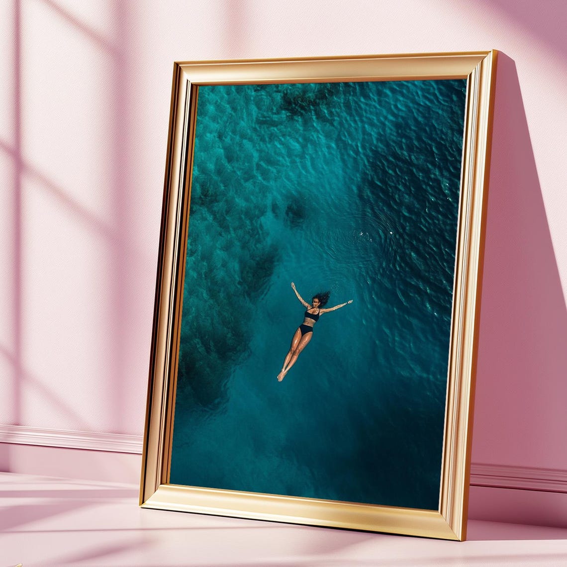 Woman Floating Over Deep Turquoise Ocean Aerial Swim Art Poster
