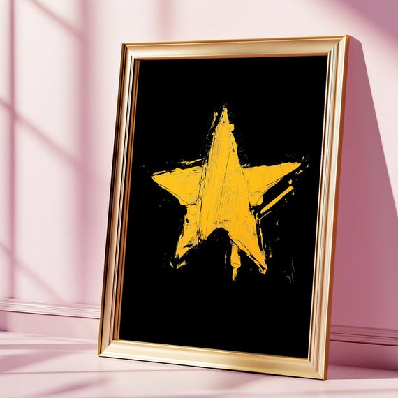 Bold Yellow Star Abstract Wall Art Modern Minimalist Painting On Black Background Statement Print For Teen Room Or Studio Decor