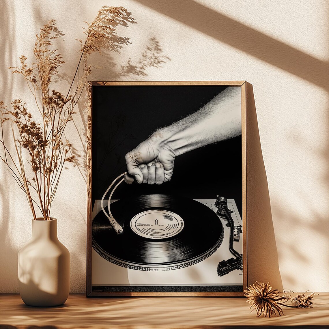 Hand Placing Needle on Vinyl Record Turntable Black and White Music Poster