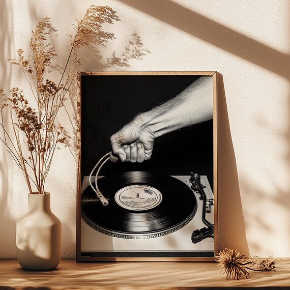 Hand Placing Needle on Vinyl Record Turntable Black and White Music Poster