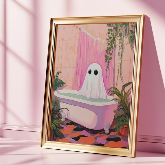 Cute Ghost in a Bathtub Pastel Halloween Bathroom Art Poster