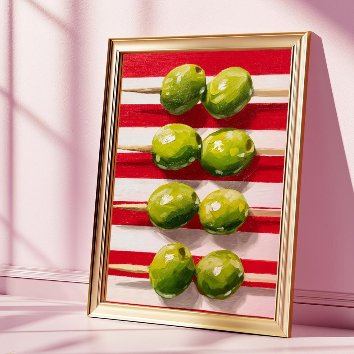 Green Olives On Skewers Striped Red Background Oil Painting Poster