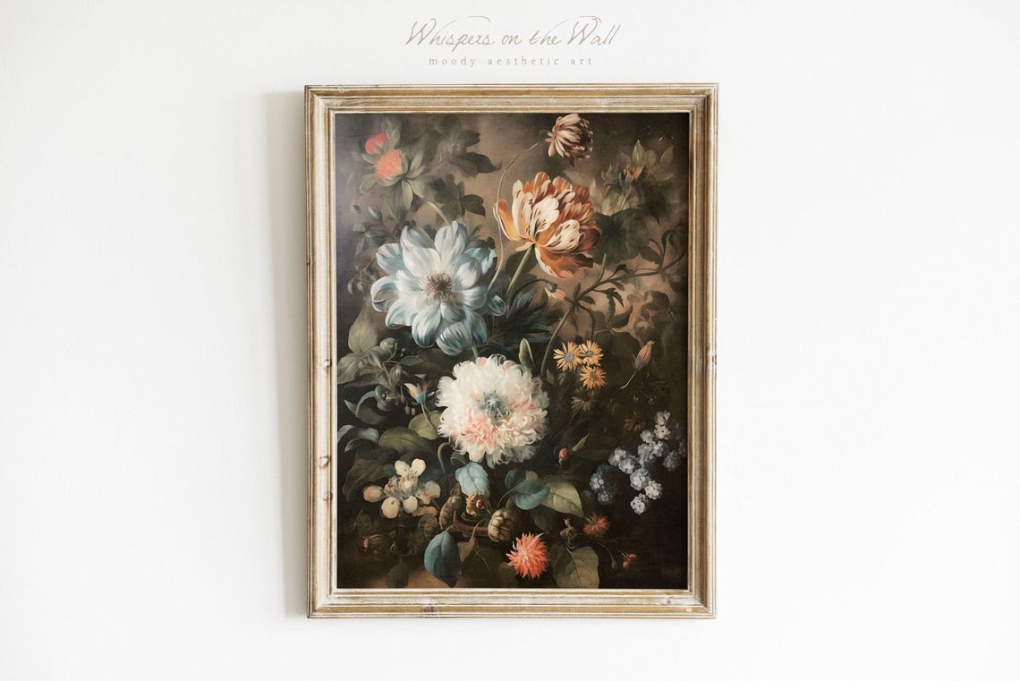 Moody Dark Floral Still Life Peonies Tulips Vintage Style Poster