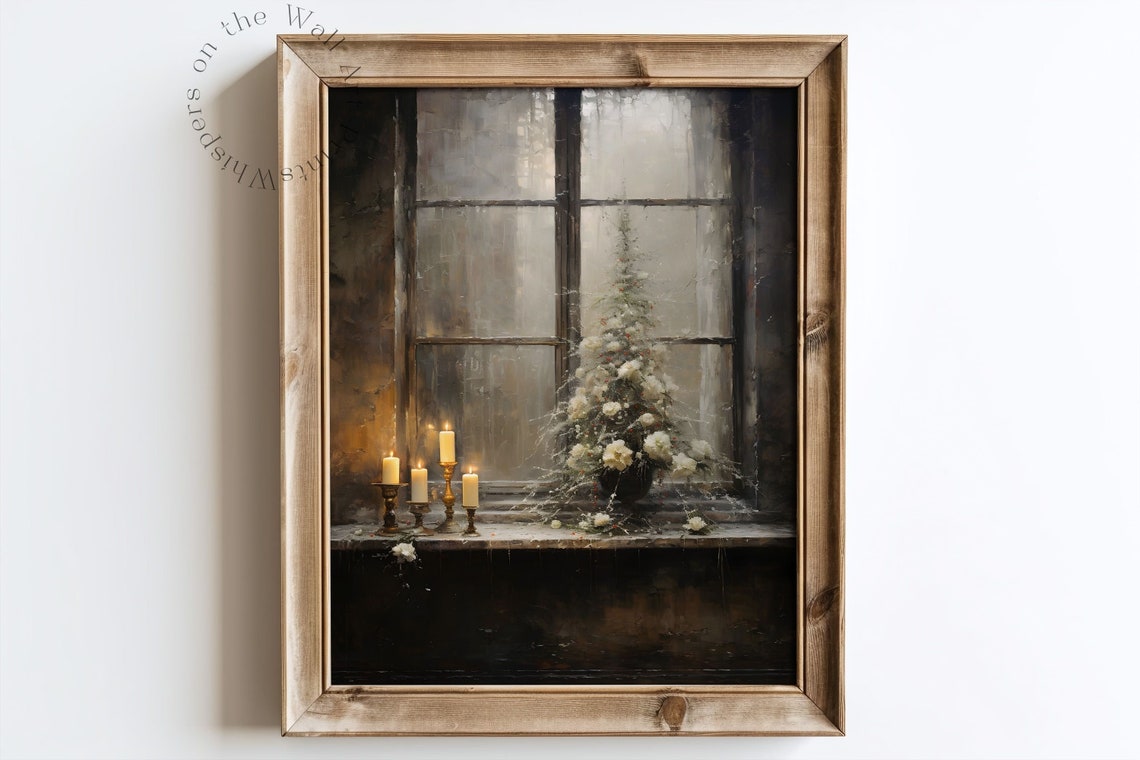 Candlelit Window Christmas Tree White Floral Moody Wall Poster - Image 6