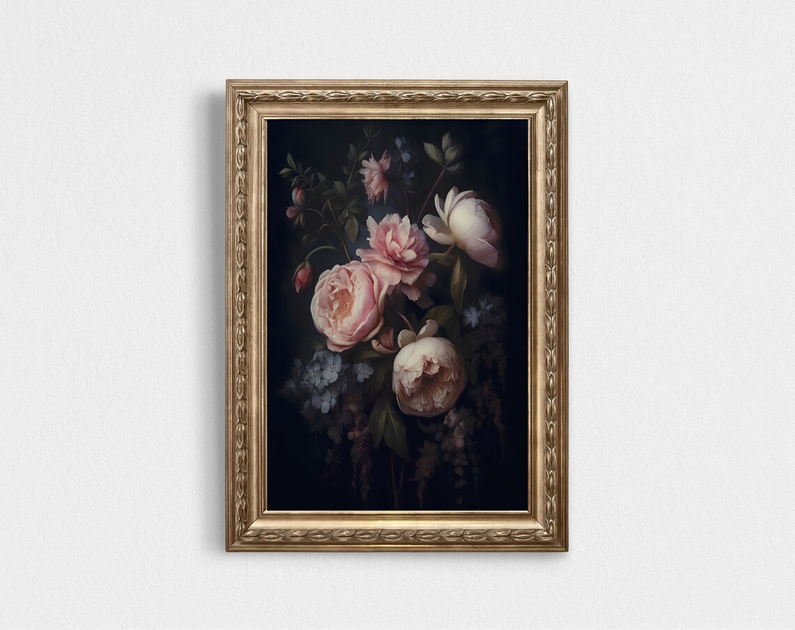 Dark Moody Peony Floral Oil Painting Black Background Decor Poster - Image 2