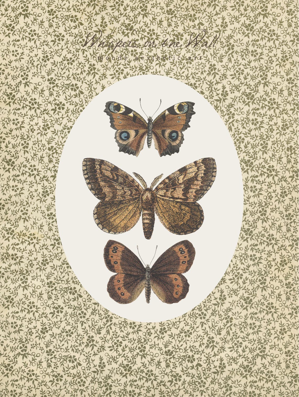 Vintage Butterfly Trio Illustrations Floral Olive Background Poster - Image 5