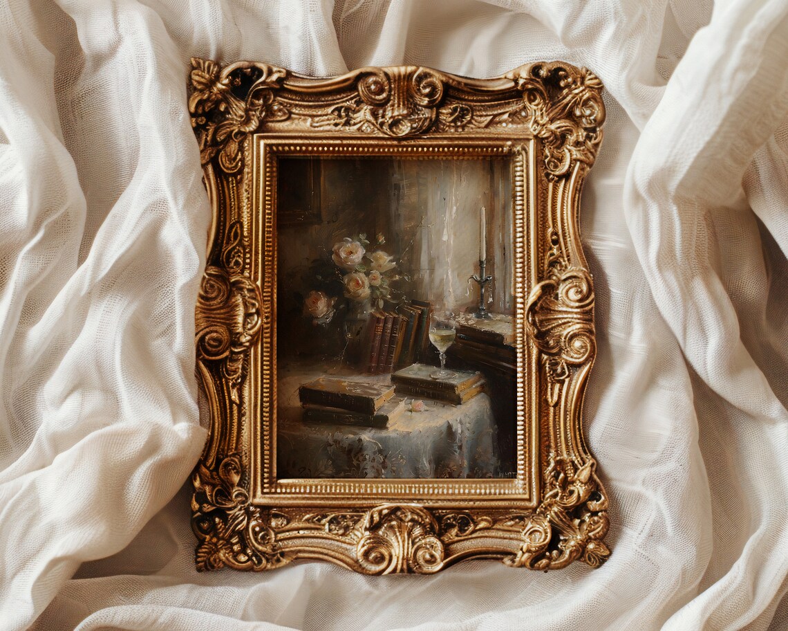 Vintage Books With Roses And Wine Glass Candlelight Still Life Painting Poster - Image 3