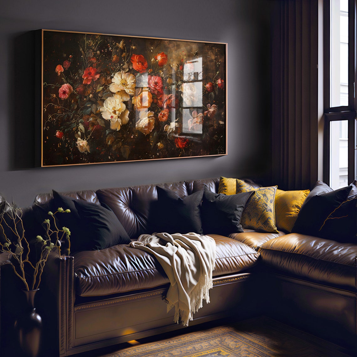 Dark Red Roses Bouquet Moody Floral Still Life Painting Poster - Image 3