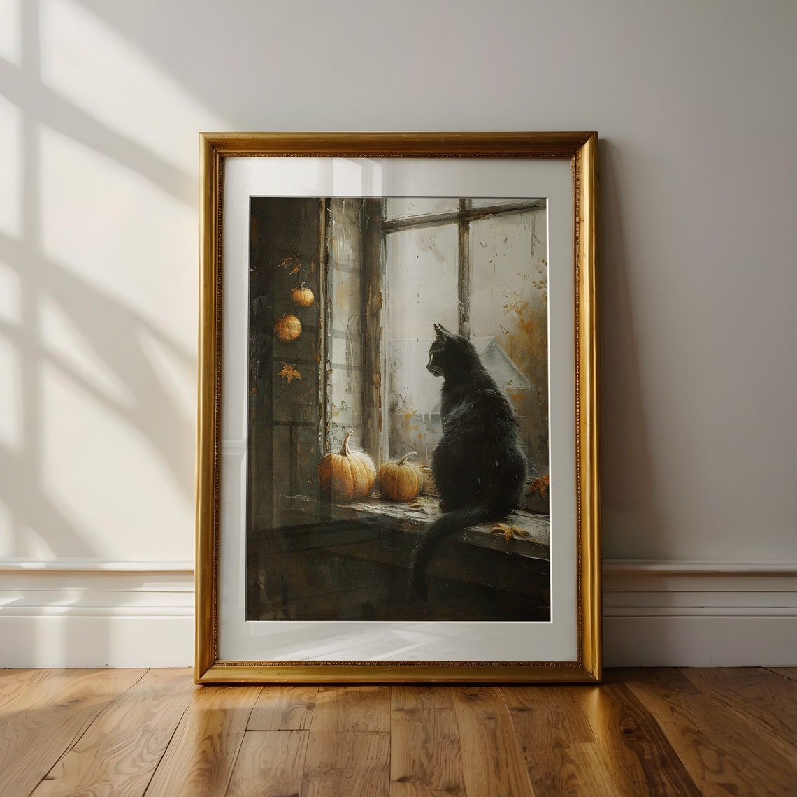 Black Cat on Windowsill with Pumpkins Autumn Painting Poster - Image 3