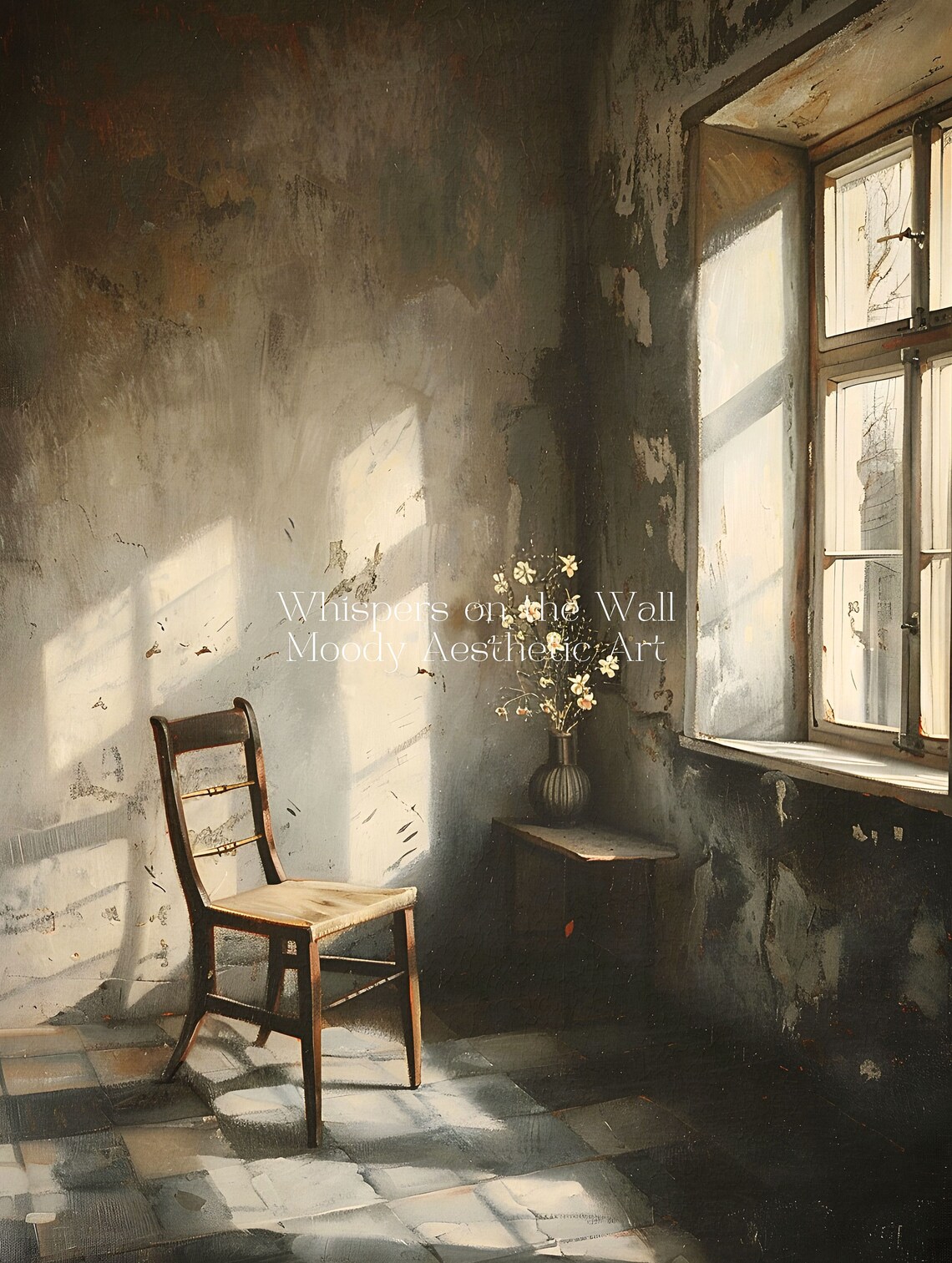Empty Chair By Sunlit Window In Old Room Moody Interior Painting Poster - Image 5