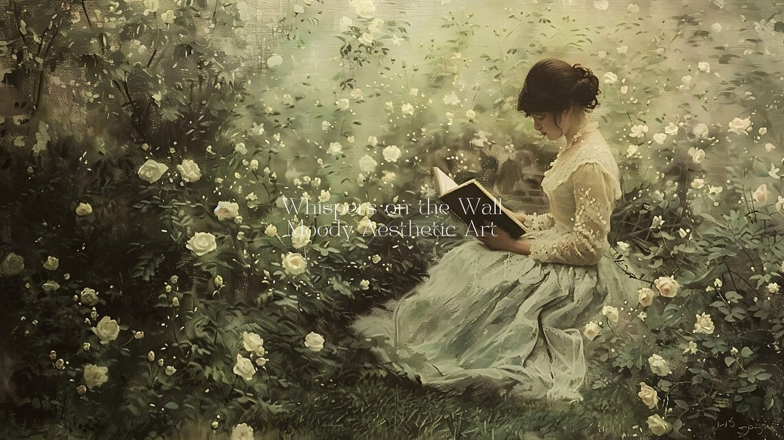 Victorian Woman Reading In Blooming White Rose Garden Vintage Style Poster - Image 5