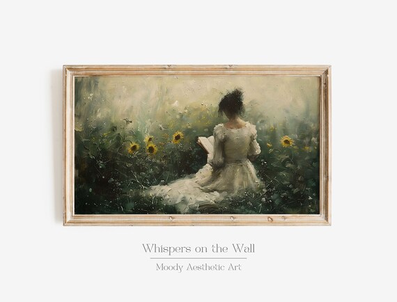 Reading In The Sunflowers Frame Tv Art Moody Frame Art Victorian Home Decor Light Academia Painting Floral Wall Art