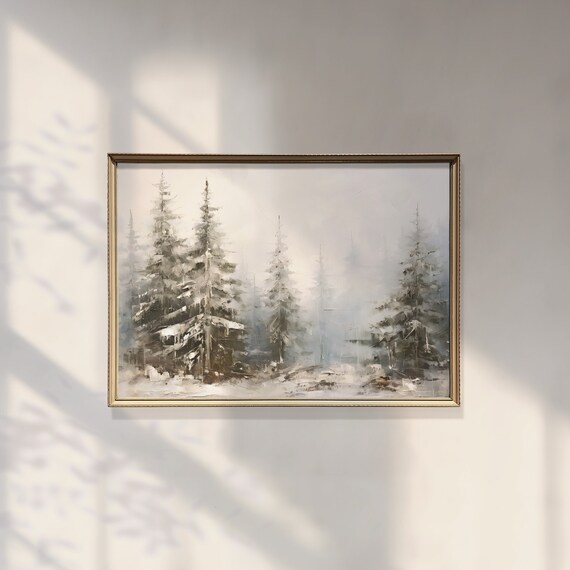 Winter Wall Art Pine Tree Forest Art Print Vintage Christmas Decor Snowy Landscape Wall Art Moody Holiday Decor Forest Painting