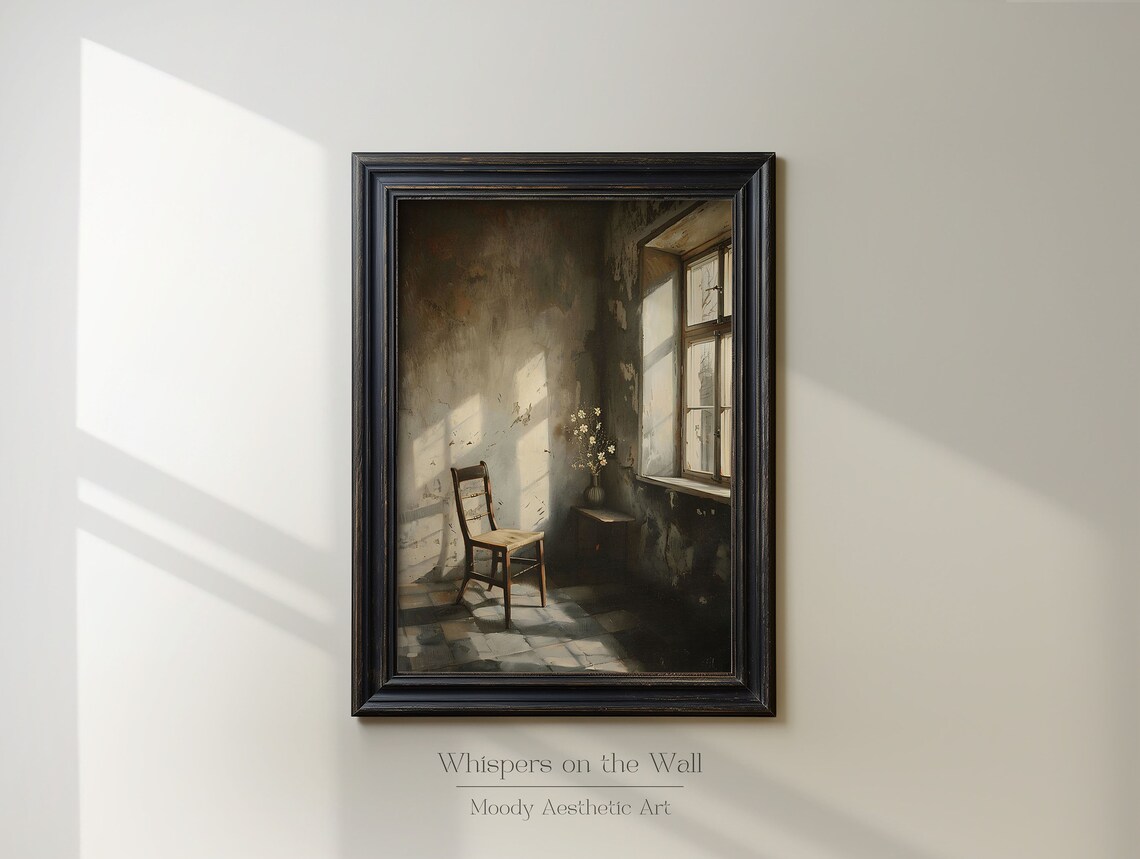 Empty Chair By Sunlit Window In Old Room Moody Interior Painting Poster - Image 6