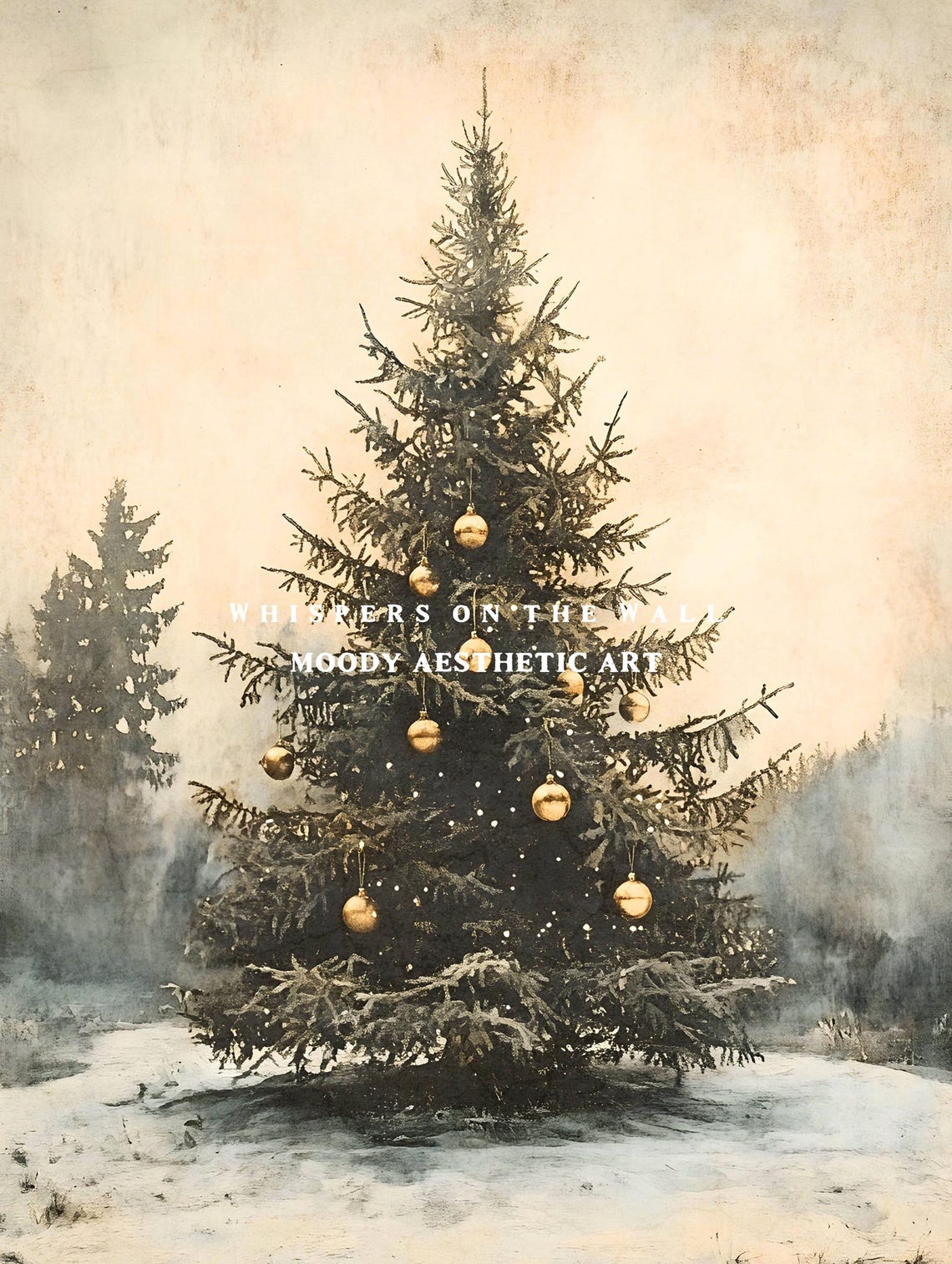 Rustic Christmas Tree Gold Baubles Standing In Snow Vintage Poster - Image 5
