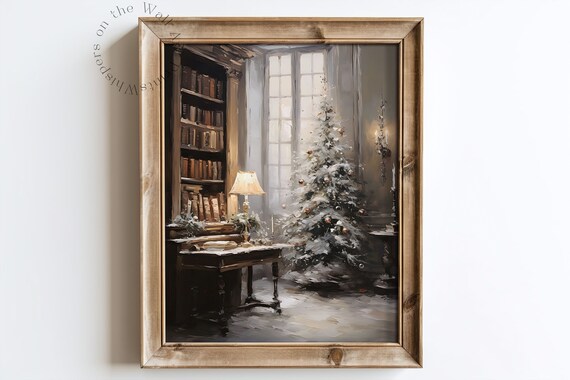 Christmas Library Art Print Winter Holiday Decor Moody Christmas Tree Oil Painting Dark Academia Art Print Tranquil Xmas Decor