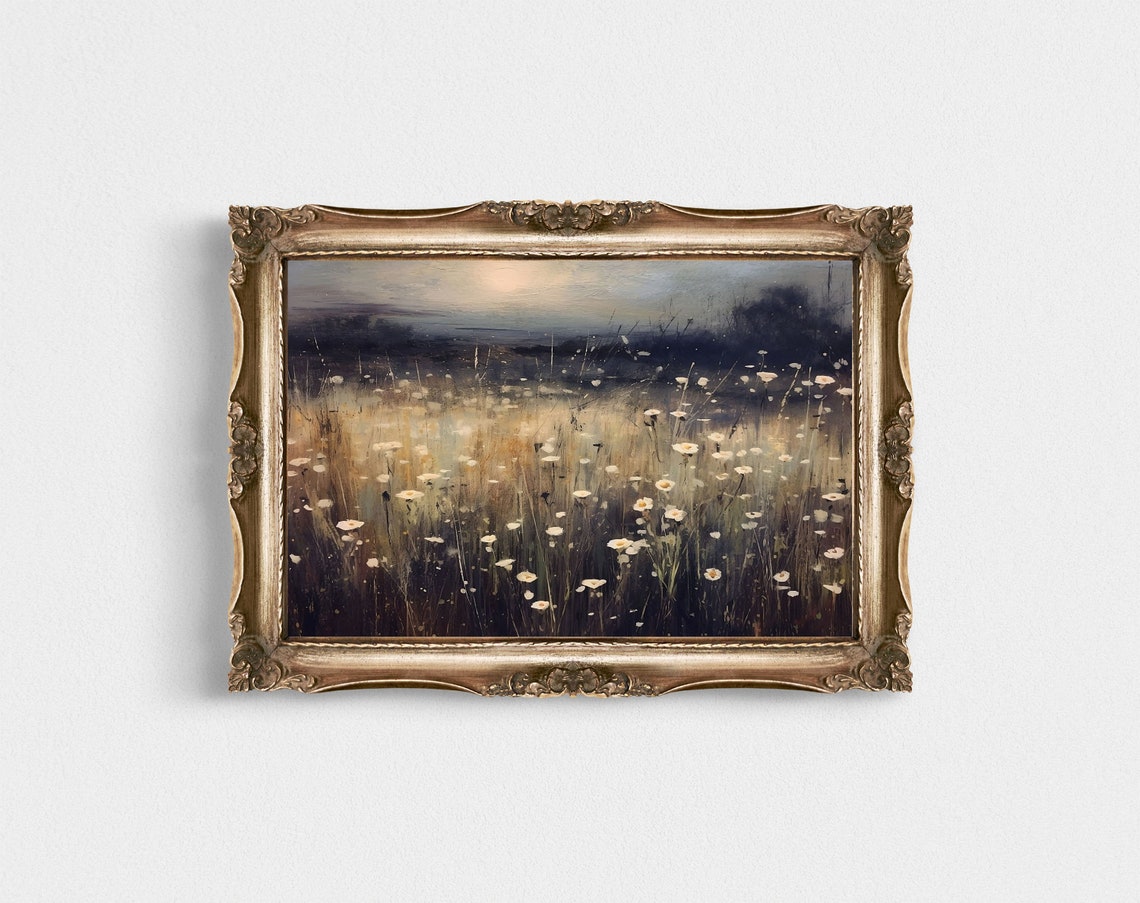 Wildflower Meadow at Dusk with White Blooms Moody Night Poster - Image 4