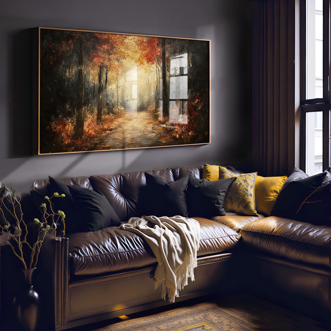 Autumn Forest Path Glowing Light Dramatic Fall Landscape Oil Poster - Image 6