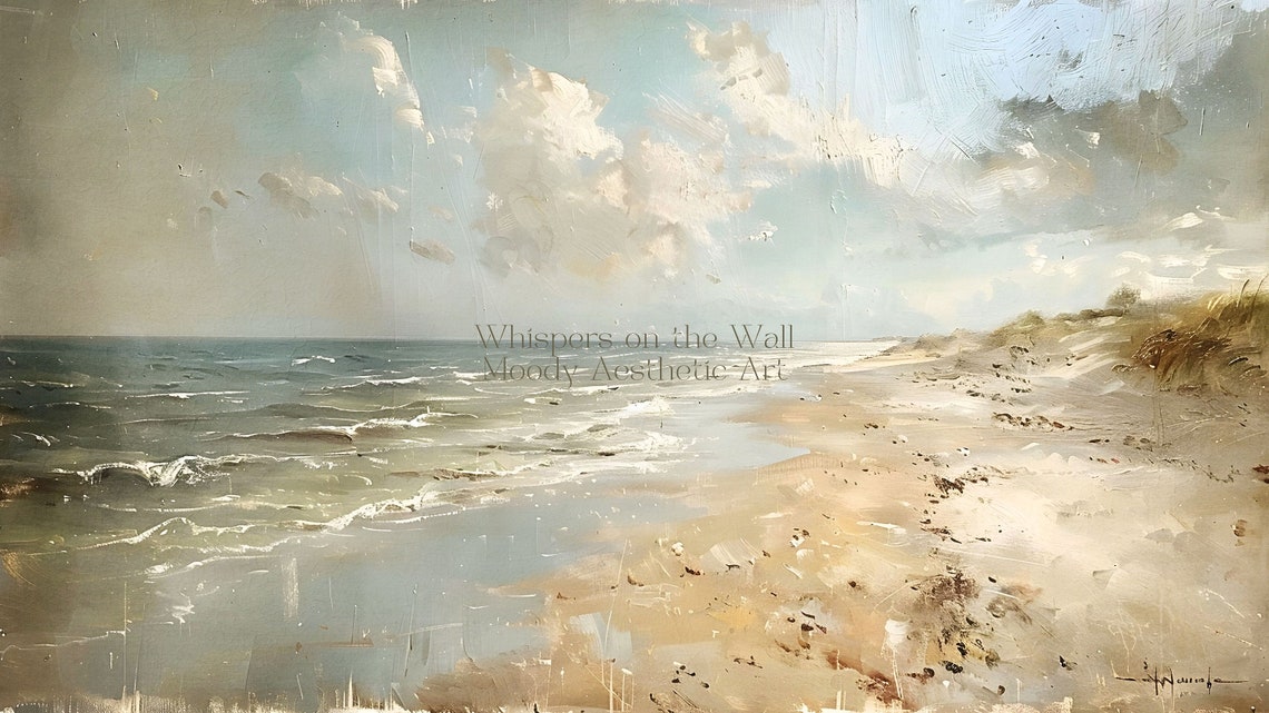 Vintage Beach Shoreline with Soft Waves Coastal Painting Poster - Image 5