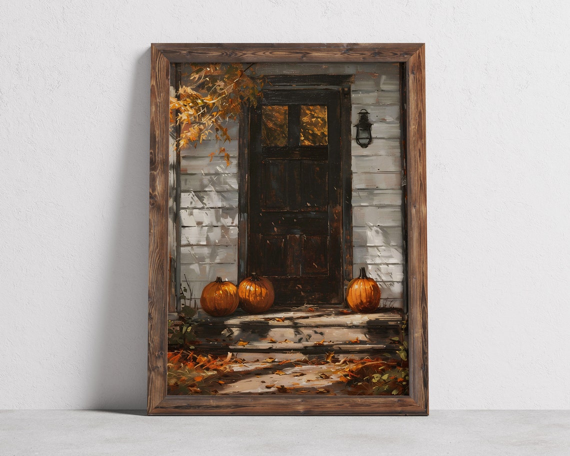Pumpkins by Front Door Autumn Farmhouse Oil Painting Fall Poster - Image 2