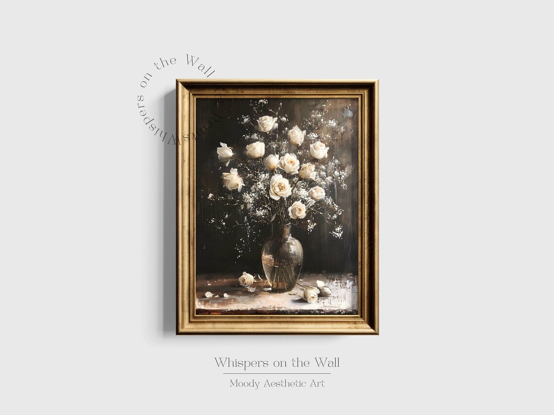 White Roses with Baby's Breath Dark Moody Floral Oil Painting Poster - Image 2