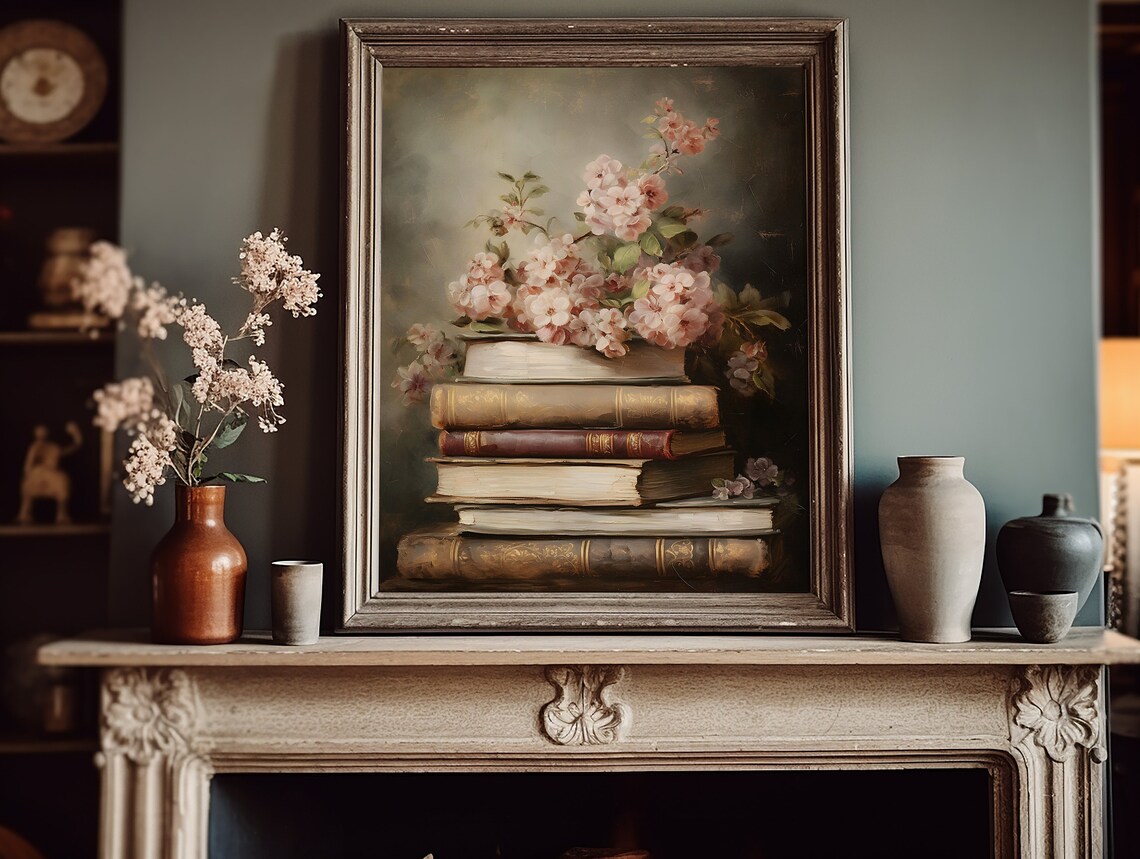 Cherry Blossom Book Stack Art Print, Dark Academia - Image 3