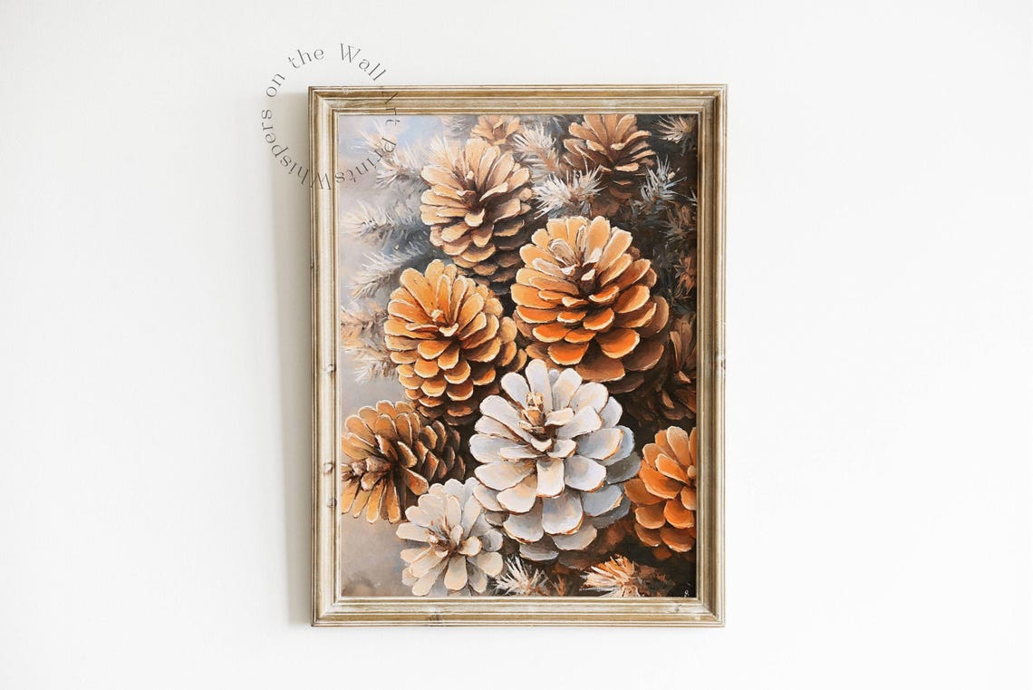 Vintage Pinecones In Snowy Evergreen Boughs Rustic Holiday Poster