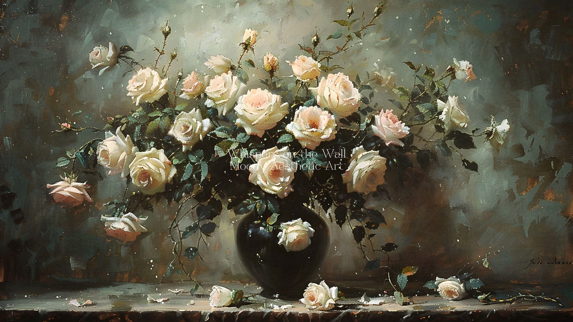 White Roses in Dark Vase Vintage Moody Floral Painting Poster - Image 5