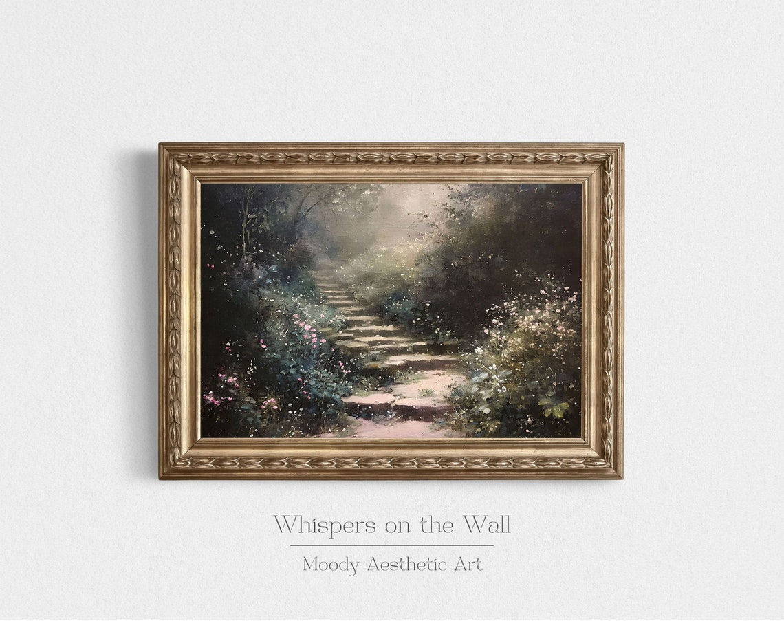 Misty Garden Path with Stone Steps and Wildflowers Oil Painting Poster - Image 6