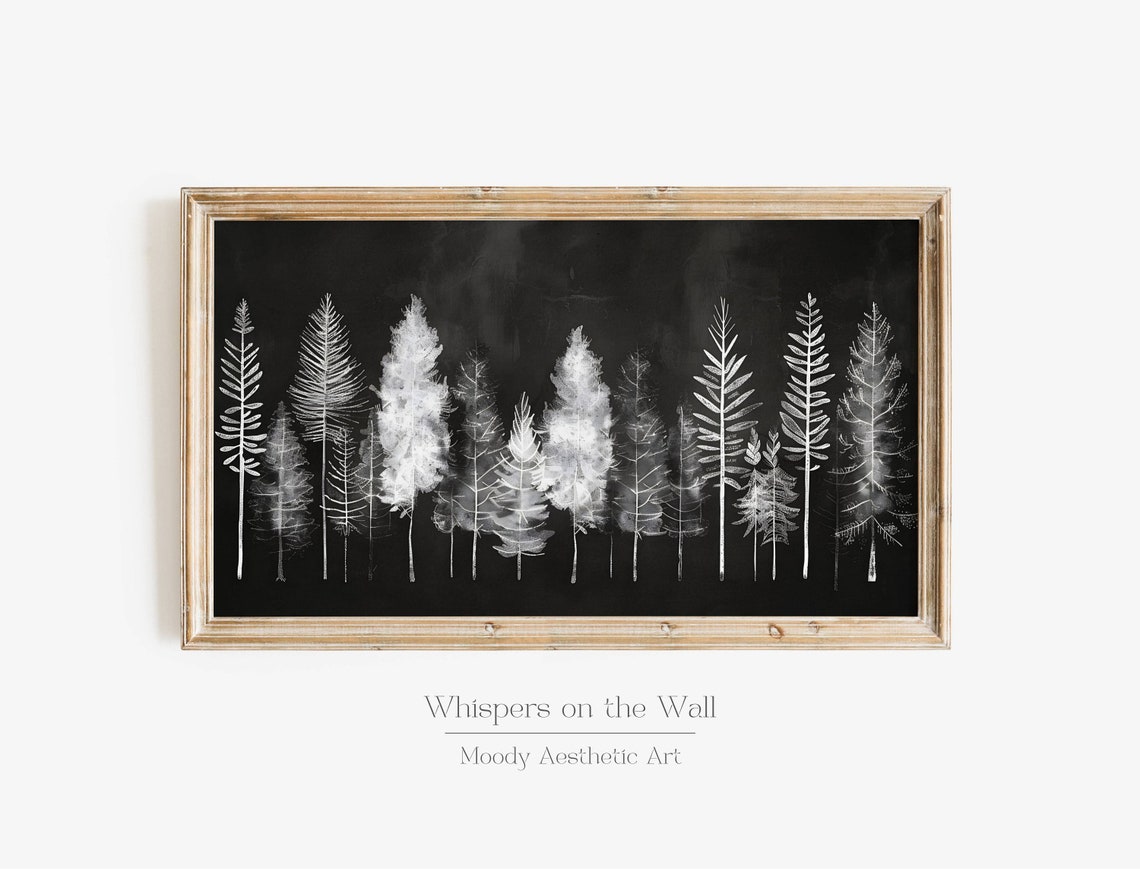 White Pine Tree Silhouettes on Black Moody Winter Forest Poster