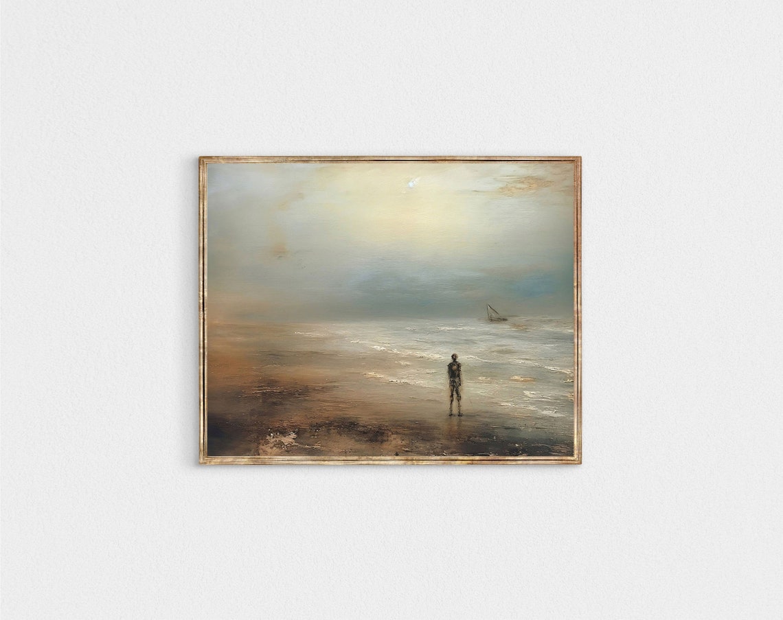 Spooky Misty Beach with Lone Skeleton Figure Sailboat Poster - Image 2
