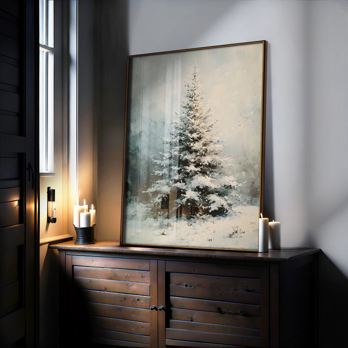 Snowy Pine Tree Winter Landscape Moody Christmas Painting Poster - Image 6