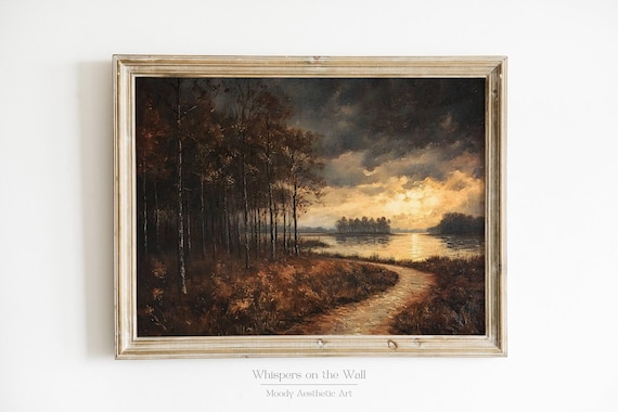 Stormy Autumn Sunset Over Lake Path Dark Forest Landscape Poster