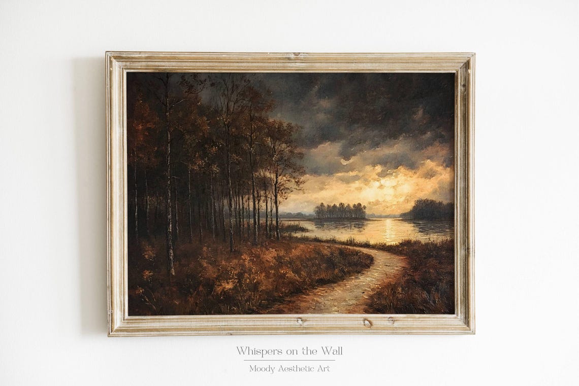 Stormy Autumn Sunset Over Lake Path Dark Forest Landscape Poster
