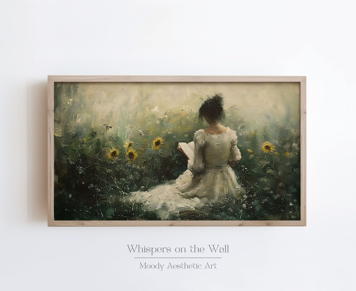 Woman Reading Among Sunflowers In Misty Garden Vintage Painting Poster - Image 3