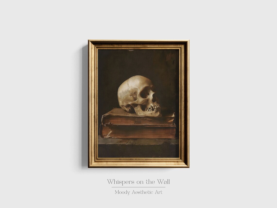 Memento Mori Skull On Old Books Dark Vanitas Still Life Painting Poster - Image 3