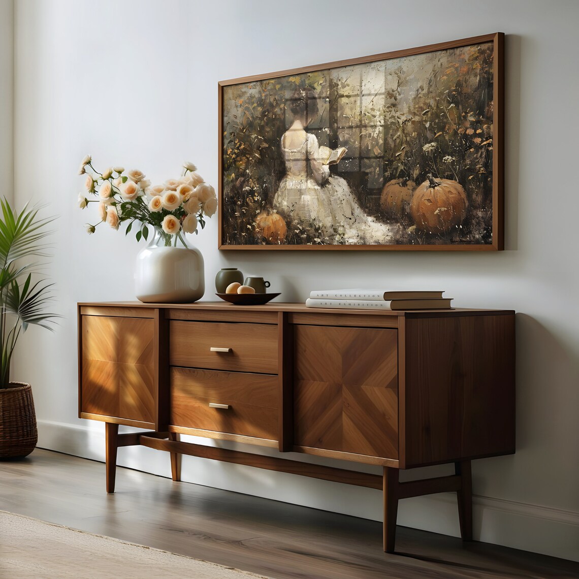 Woman Reading Among Pumpkins Autumn Garden Oil Painting Poster - Image 2