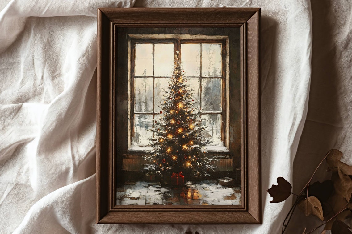 Christmas Tree by Window Glowing Lights Snowy Vintage Holiday Poster - Image 3
