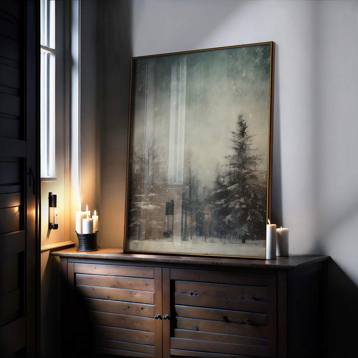 Snowy Winter Forest Falling Snow Moody Vintage Landscape Wall Poster - Image 6