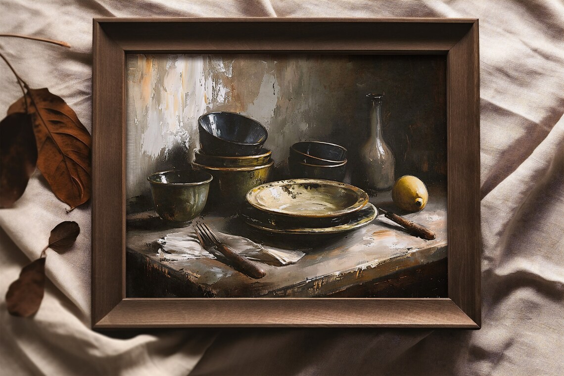 Rustic Kitchenware Art Print Moody Farmhouse Wall Decor Vintage Cottagecore Painting Dishware Art Neutral Wall Art - Image 2