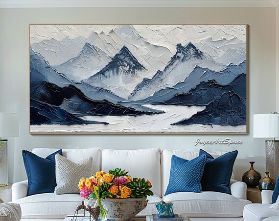 Original Textured Mountain Oil Painting On Abstract Blue Oil Painting Large Living Room Wall Art Custom Gift Painting Modern Wall Art
