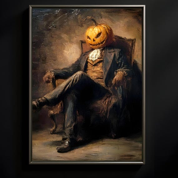 Framed Gothic Jack O Lantern Painting Vintage Halloween Horror Art