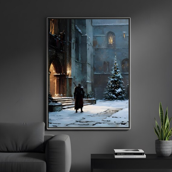 Gothic Christmas Knight Snowy Castle Courtyard Winter Art Poster