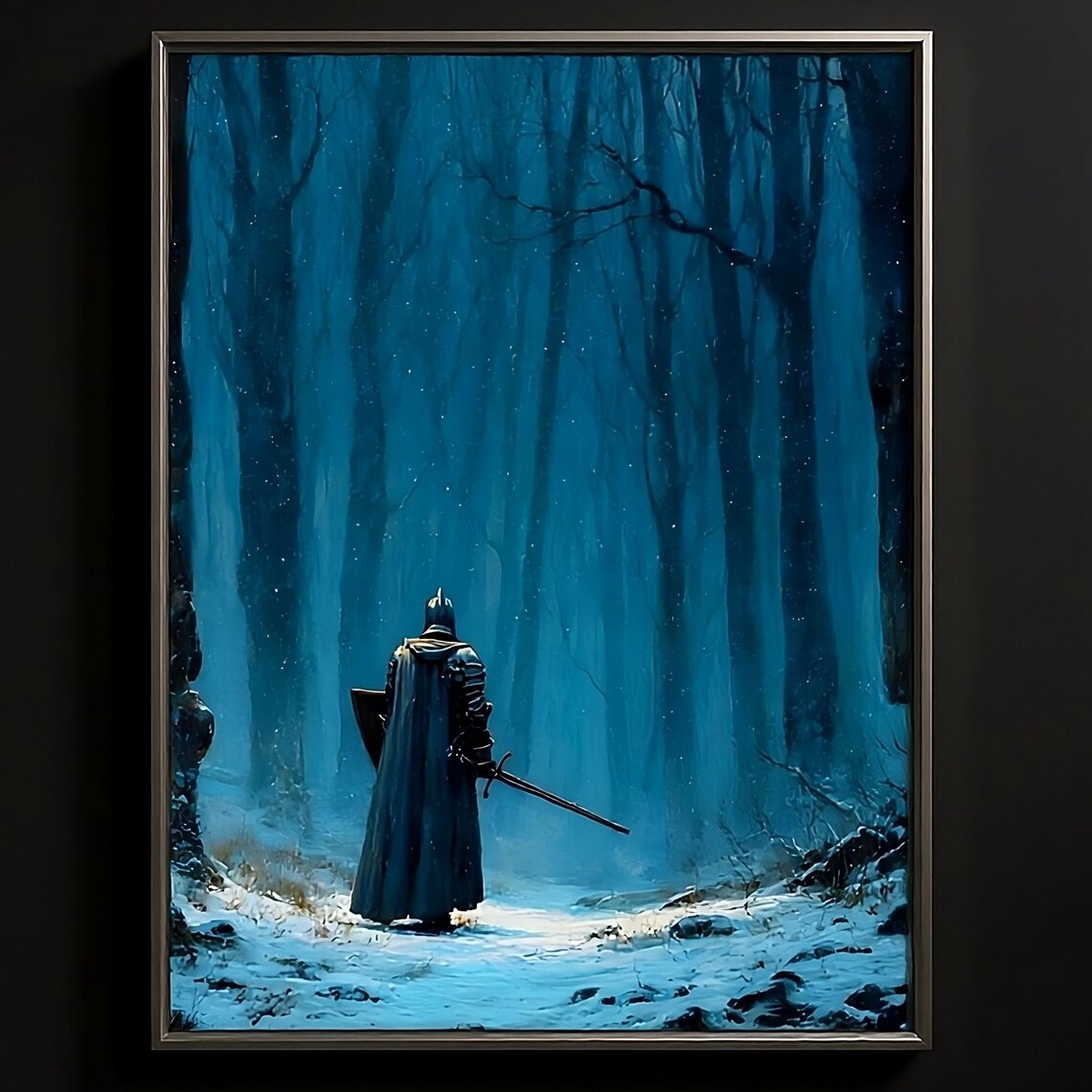 Dark Fantasy Knight Snowy Forest Oil Painting Gothic Wall Art