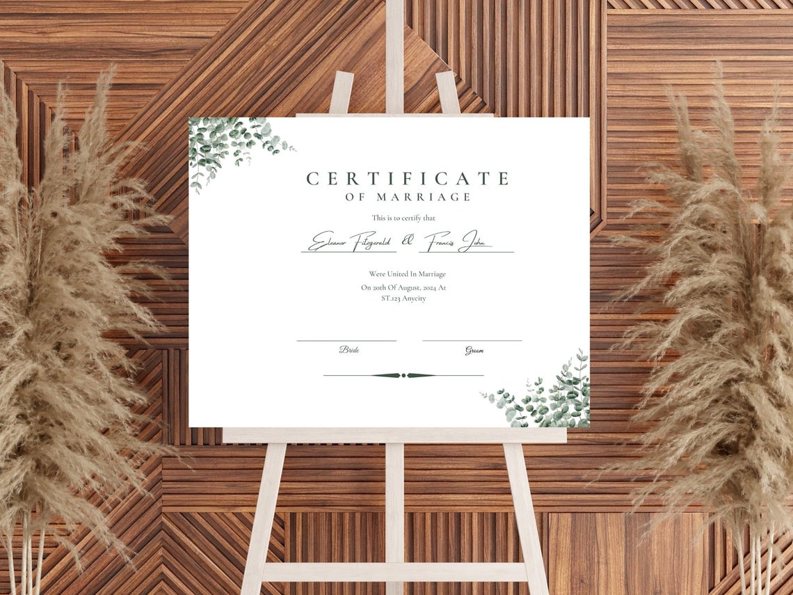 Marriage Certificate Template Eucalyptus Greenery Wedding Print - Image 3