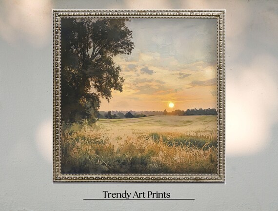 Sunset Over Wheat Field Tree Square Vintage Landscape Art Print