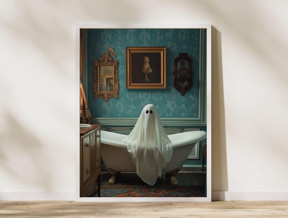 Sheet Ghost Lounging in a Clawfoot Tub Teal Damask Bathroom Poster - Image 5