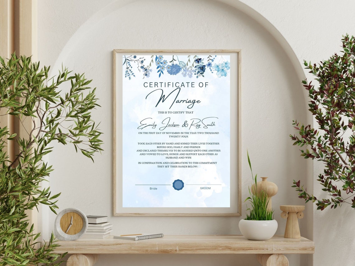 Marriage Certificate Template Blue Floral Watercolor Keepsake Print - Image 8